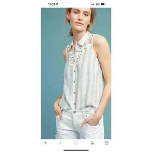 Maeve by Anthropologie Edinboro Linen Striped Lace Top Size S